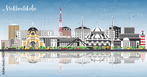 Makhachkala Russia city skyline with color buildings, blue sky and reflections. Makhachkala cityscape with landmarks. Tourism concept with modern and historic architecture.