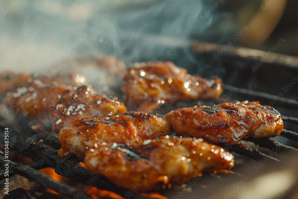 Close-up of chicken pieces grilling on a barbecue grill with smoke. Close-up of chicken pieces grilling on a barbecue grill with smoke.