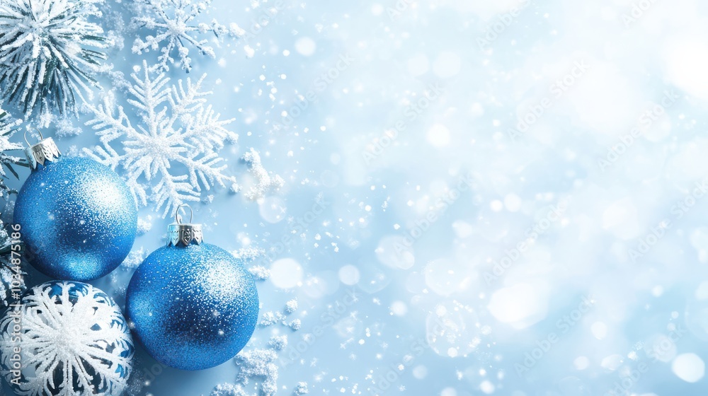 Blue Christmas Ornaments with Snowflakes and Text Space Blue Christmas Ornaments with Snowflakes and Text Space