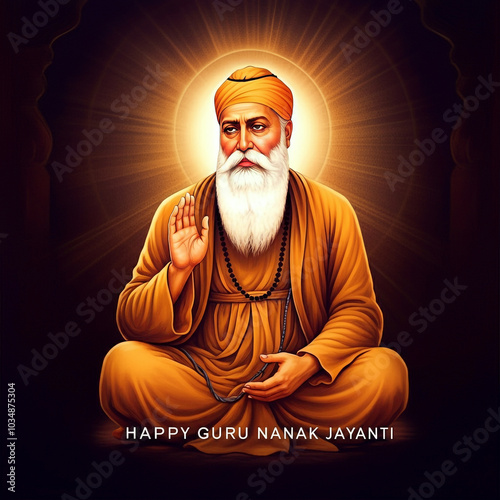 Glowing portrait of Guru Nanak with a halo, evoking warmth and spirituality