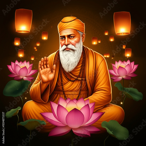 Guru Nanak surrounded by lotus flowers and glowing lanterns, conveying peace and spirituality photo