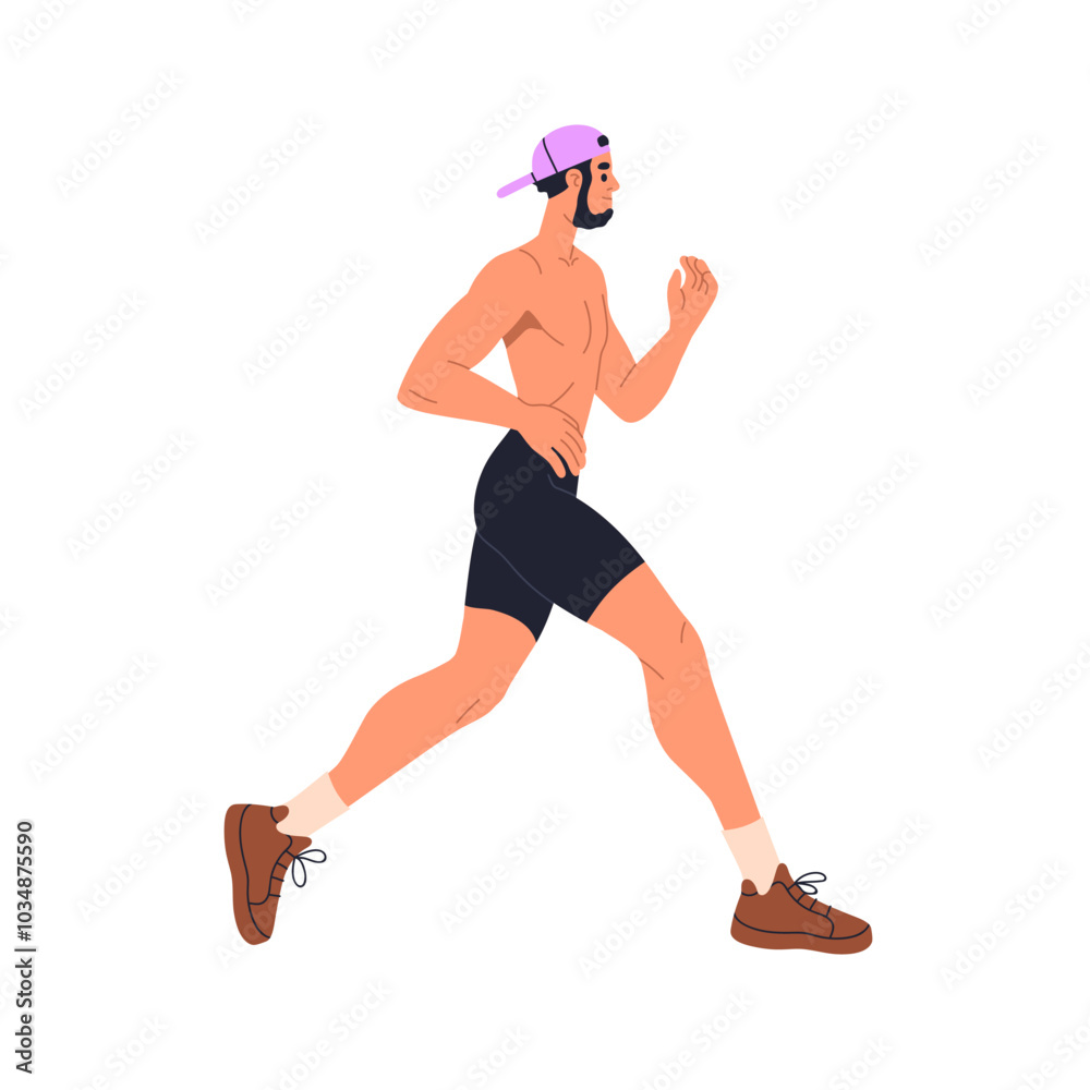 Man running, jogging. Jogger with naked torso, summer workout. Male athlete training for endurance. Active healthy runner exercising, profile. Flat vector illustration isolated on white background Man running, jogging. Jogger with naked torso, summer workout. Male athlete training for endurance. Active healthy runner exercising, profile. Flat vector illustration isolated on white background