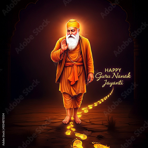 A glowing illustration of Guru Nanak, with 