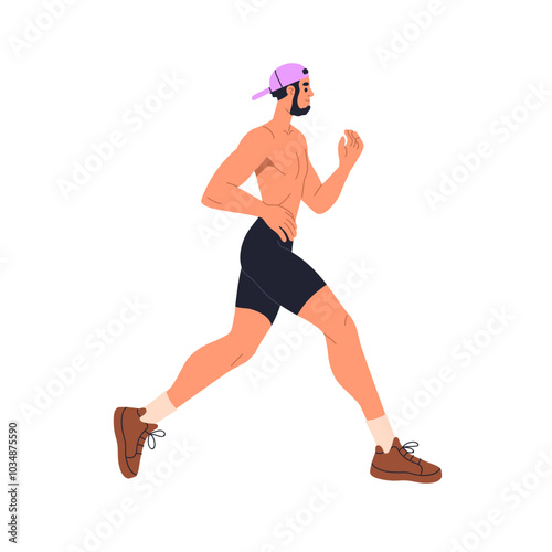Man running, jogging. Jogger with naked torso, summer workout. Male athlete t...