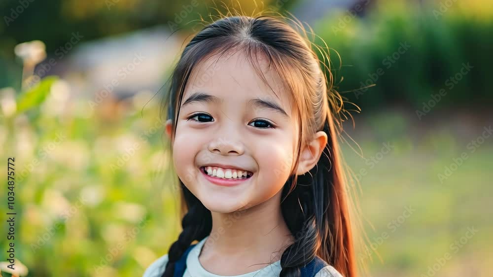 smiling young Japanese girl at nature grass field with flower blossom 