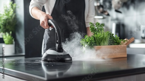 A steam cleaning process for home hygiene, with a portable steam cleaner being used on kitchen counters and floors, emphasizing chemical-free sanitization photo