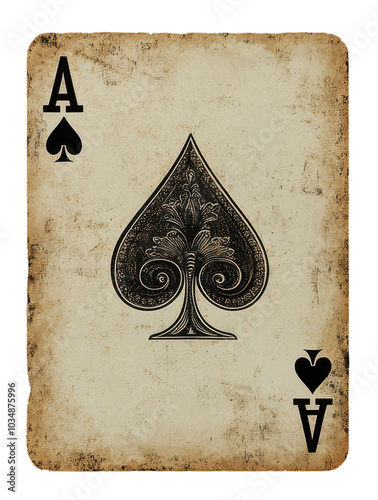 Intricate ace of spades card with vintage detailing and transparent background.