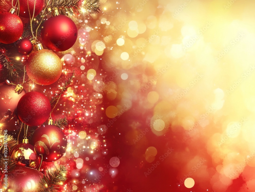 Fototapeta premium A vibrant Christmas and New Year background featuring holiday decorations, red and gold ornaments, and festive lights, perfect for seasonal celebrations