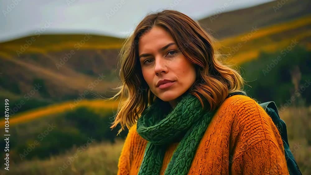 Auburn-Haired Woman in Vibrant Orange and Teal Amidst Rolling Hills Auburn-Haired Woman in Vibrant Orange and Teal Amidst Rolling Hills