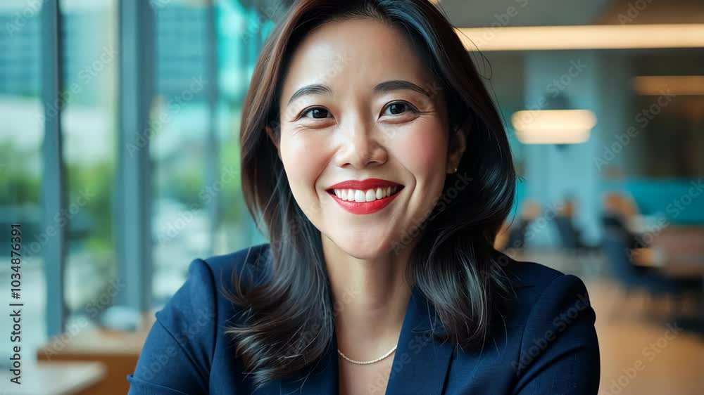 happy Japanese woman smiling at office happy Japanese woman smiling at office