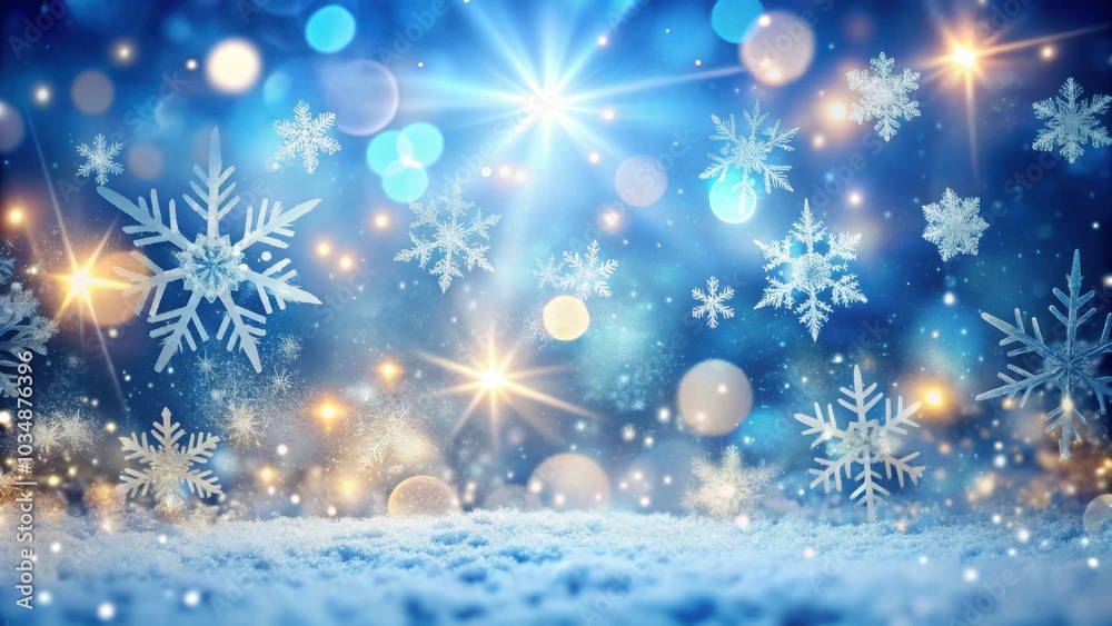 Magical winter scene with snowflakes, bokeh lights, and blue sky, perfect for Christmas backdrop , Snow, snowflakes