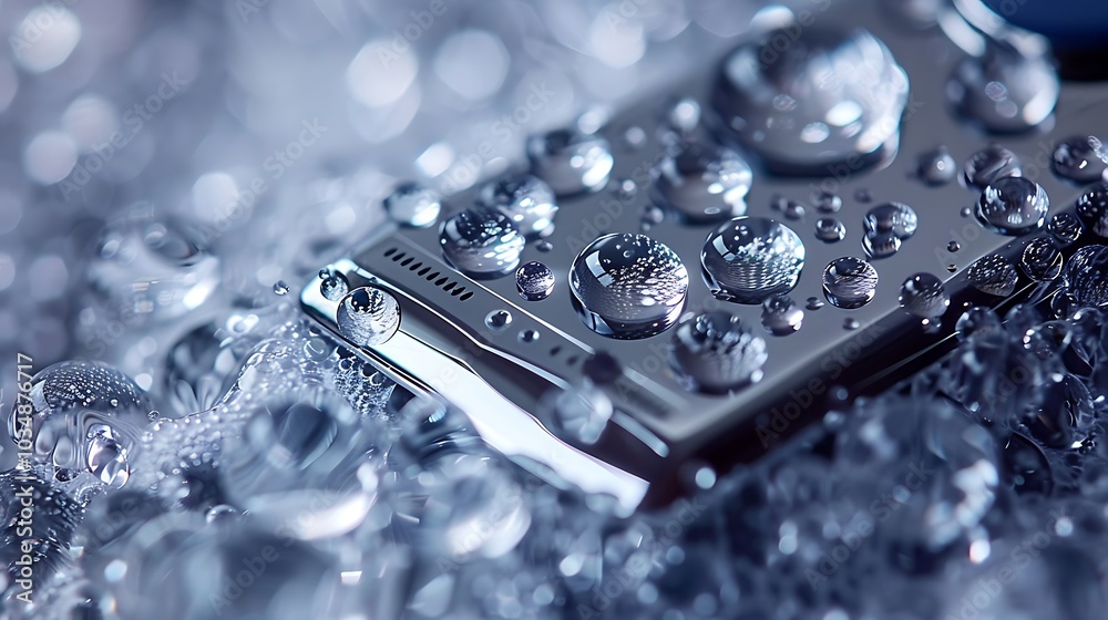 A detailed view of a sharp shaver covered in drops of water A detailed view of a sharp shaver covered in drops of water