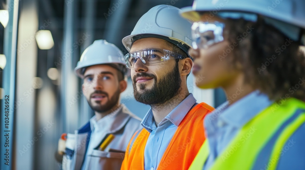 Diverse construction workers on a commercial project, with a team of skilled professionals working together to build a large office or commercial building Diverse construction workers on a commercial project, with a team of skilled professionals working together to build a large office or commercial building