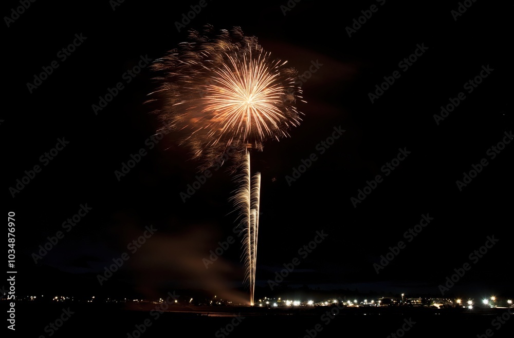 dazzling fireworks display over a body of water. Bright red and white streaks shoot into the night sky, reflecting on the water below, with glowing clouds enhancing the dramatic scene.