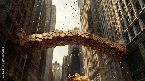 Photorealistic, ultra detailed image of a golden bridge made of coins connecting two skyscrapers on Wall Street photo