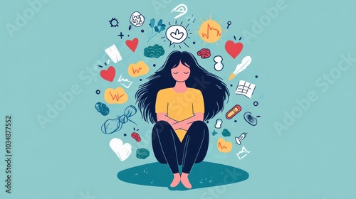 Illustrations of stress and mental health, featuring a person surrounded by negative thoughts or stress symbols, highlighting the toll anxiety can take on well-being