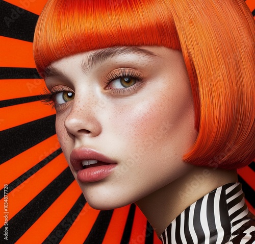 Close-up of a person with striking orange hair and striped attire against a bold, graphic background, emphasizing vivid colors and modern style. photo