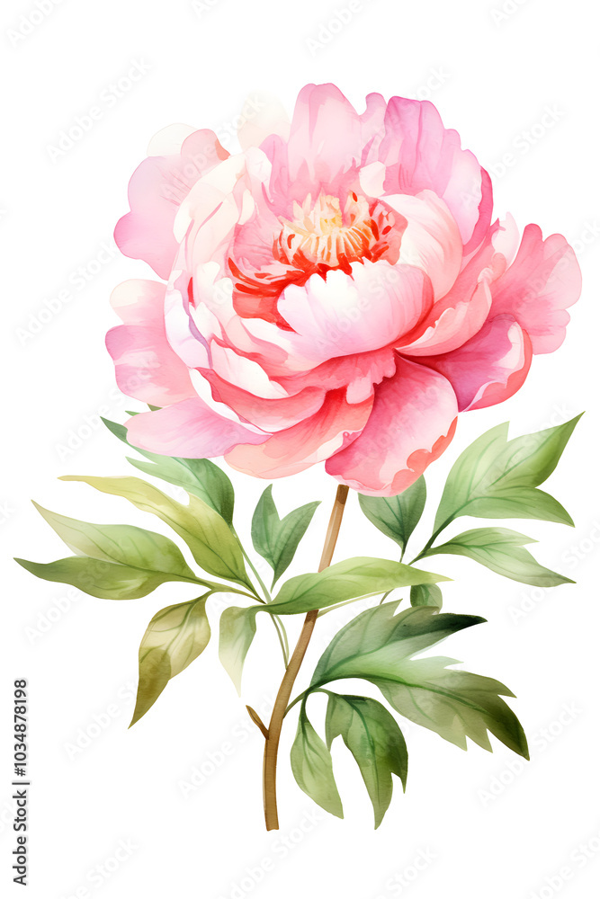delicate pink peony flower with lush green leaves, perfect watercolor illustration for elegant floral projects and designs delicate pink peony flower with lush green leaves, perfect watercolor illustration for elegant floral projects and designs