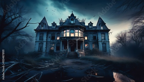 A Creepy Old Victorian Mansion Is Bathed in Eerie Moonlight. photo