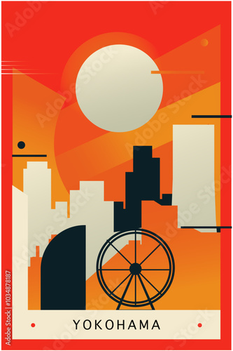 Yokohama city brutalism poster with abstract skyline, cityscape retro vector illustration. Japan travel guide cover, brochure, flyer, leaflet, business presentation template image