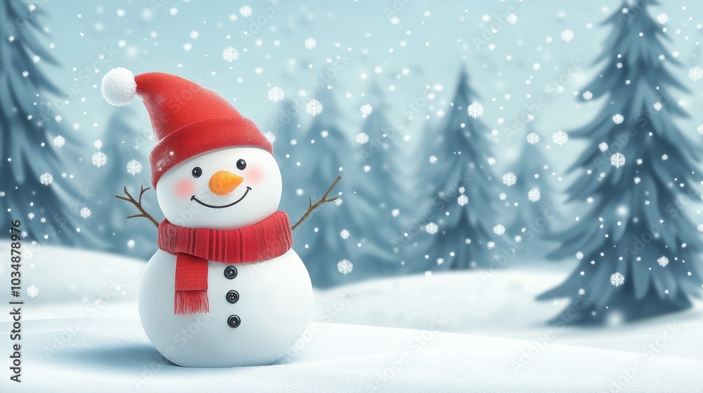 A cheerful snowman wearing a red hat and scarf in a snowy forest setting. A cheerful snowman wearing a red hat and scarf in a snowy forest setting.