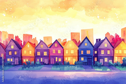 A vibrant watercolor painting of colorful houses at sunset, showcasing a lively neighborhood against a backdrop of city buildings.