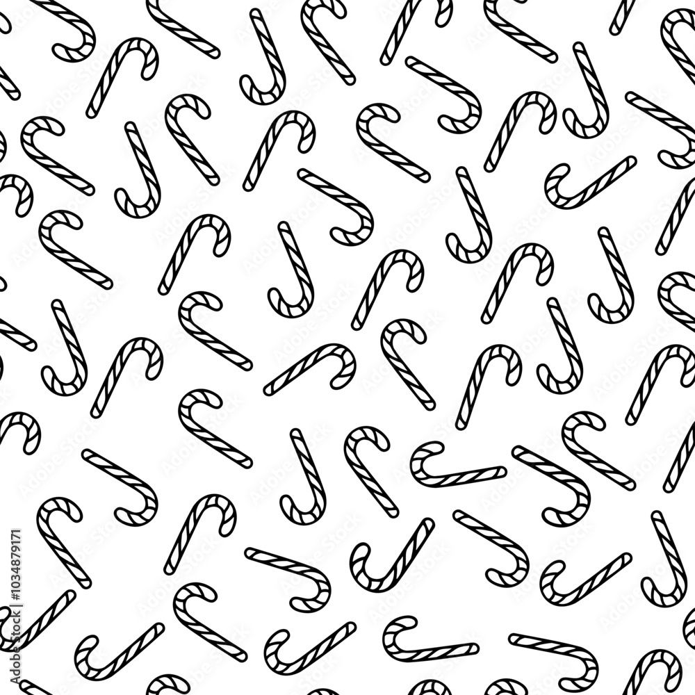 Seamless Pattern of Christmas Candy Canes in Black and White. Hand-Drawn Candy Canes Holiday Pattern in Minimalist Seamless Pattern of Christmas Candy Canes in Black and White. Hand-Drawn Candy Canes Holiday Pattern in Minimalist
