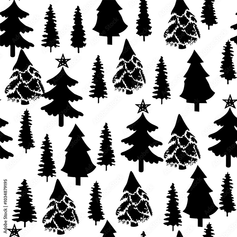 Obraz premium Monochrome Evergreen Tree Pattern for Holiday Decor. Winter Pine Tree Silhouettes on White Background