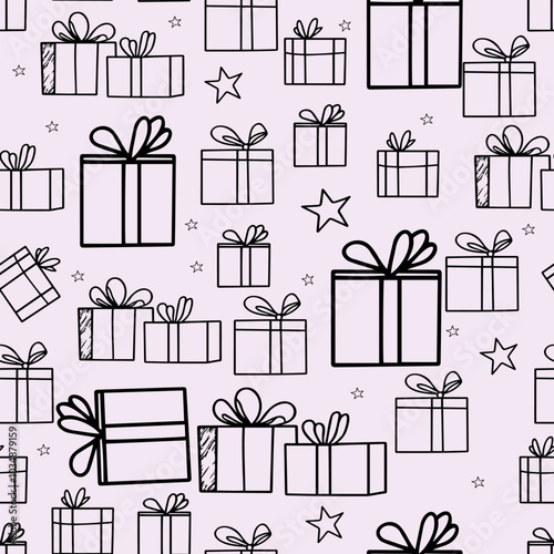 Seamless Pattern of Christmas Gifts, Stars, and Candy Canes. Hand-Drawn Holiday Presents and Stars Pattern in Black White
