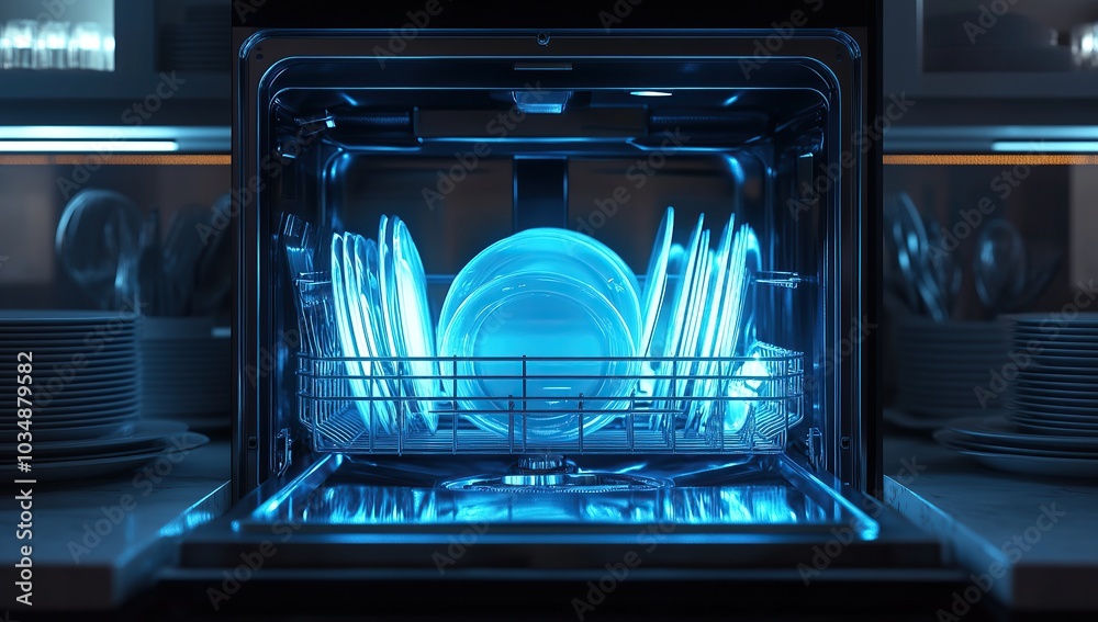 Dish Notes: A high-tech, eco-friendly dishwashing machine is cleaning dishes in the background Dish Notes: A high-tech, eco-friendly dishwashing machine is cleaning dishes in the background