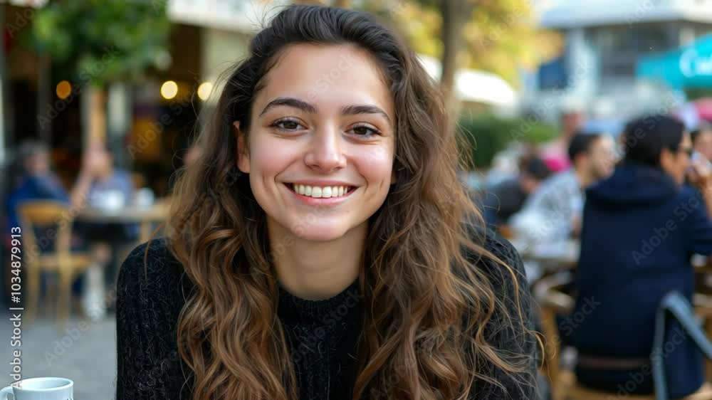 pretty Mexican woman smiling sitting at cafe at down town