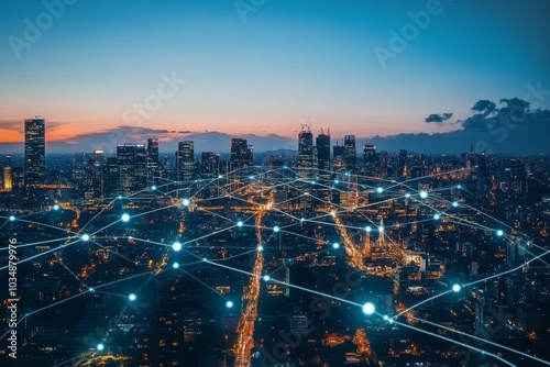 A panoramic view of a city skyline at dusk with glowing lines representing digital network connections.