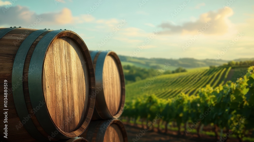 Wine barrels in a vineyard under a beautiful sunset sky, lush green hills. Wine barrels in a vineyard under a beautiful sunset sky, lush green hills.