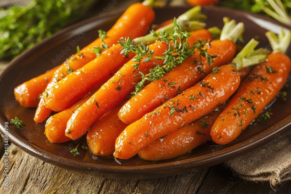 Freshly cooked glazed carrots garnished with herbs on a rustic wooden table. Freshly cooked glazed carrots garnished with herbs on a rustic wooden table.