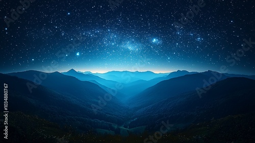 Enchanting starry night sky over majestic mountains, perfect for Christmas greetings, holiday cards, or winter event promotions with ample copy space.