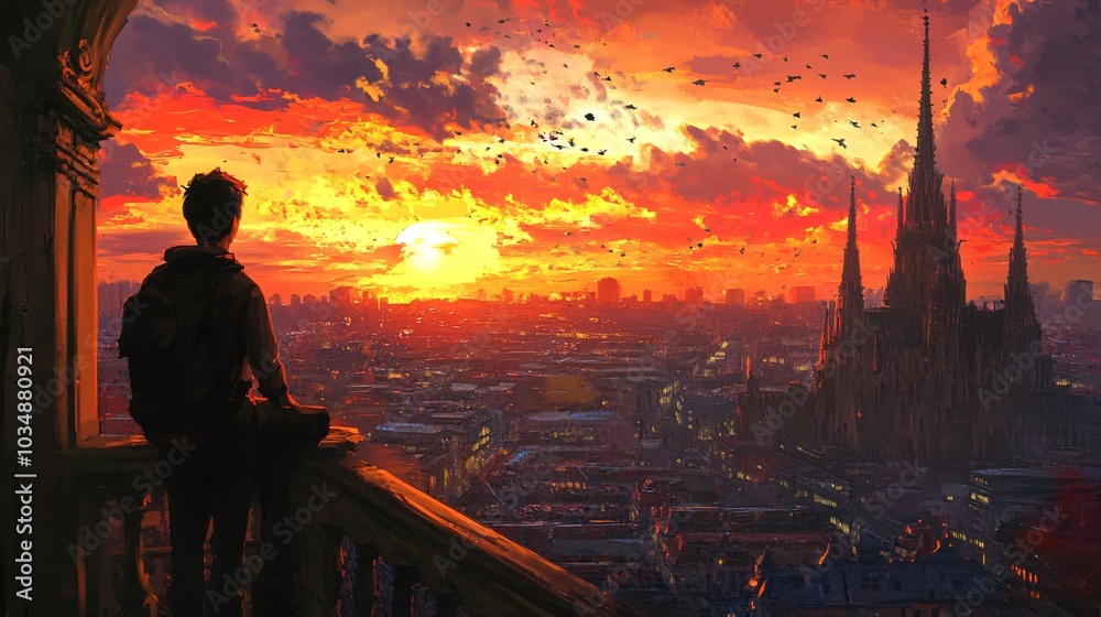 Fototapeta premium Traveler Gazing from Balcony at Captivating Sunset View