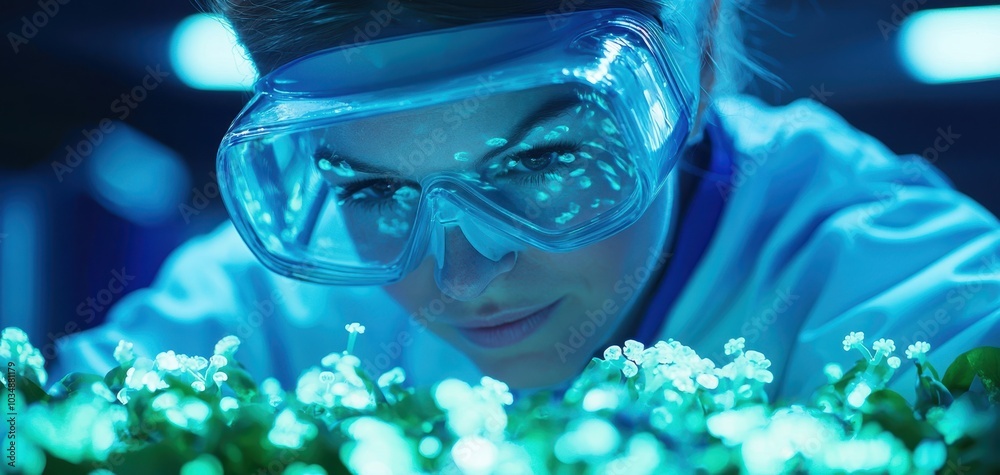 Scientist examining glowing plants in a laboratory setting with protective gear.