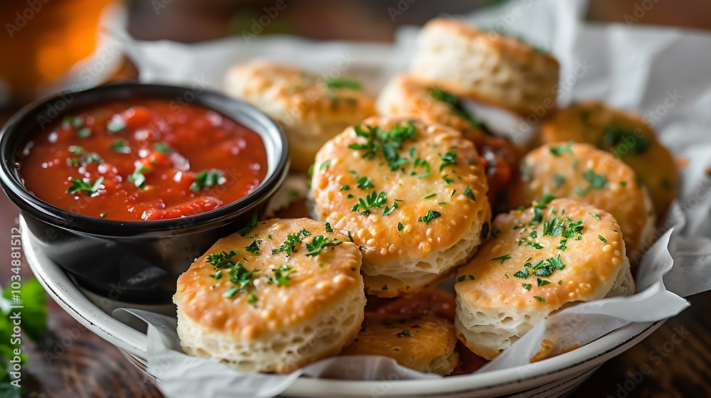A dish of marinara sauce and a basket of warm silky biscuits waiting to be dipped