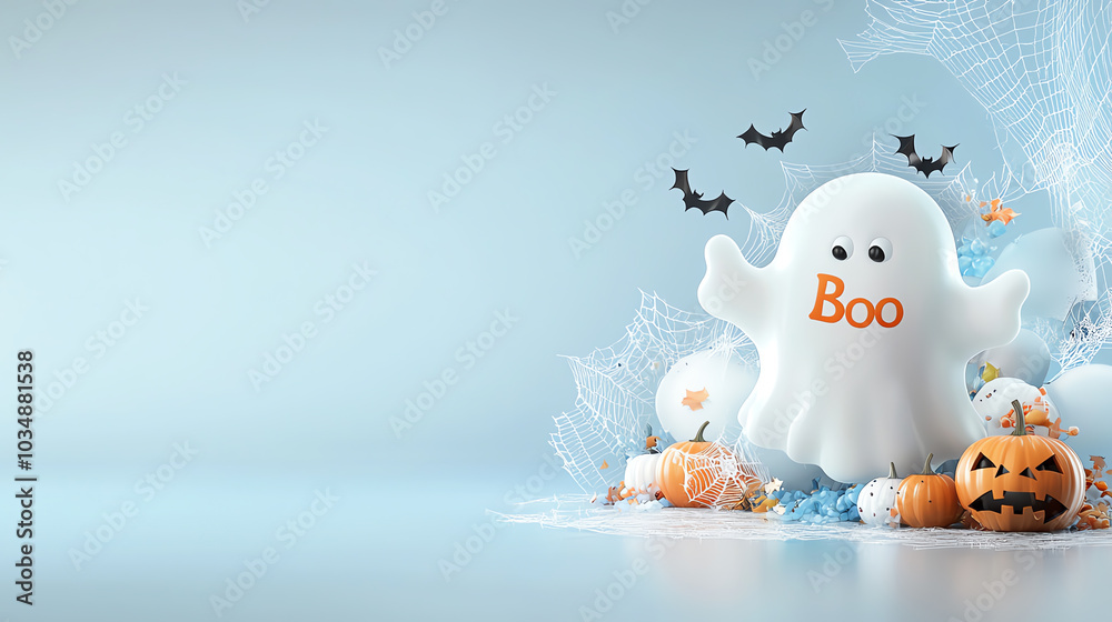 Spooky glowing ghost with boo expression surrounded by bats and cobwebs for a festive halloween atmosphere Spooky glowing ghost with boo expression surrounded by bats and cobwebs for a festive halloween atmosphere