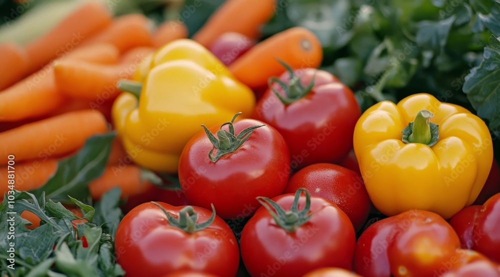 Close-up shot of fresh red tomatoes, yellow peppers, and orange carrots.