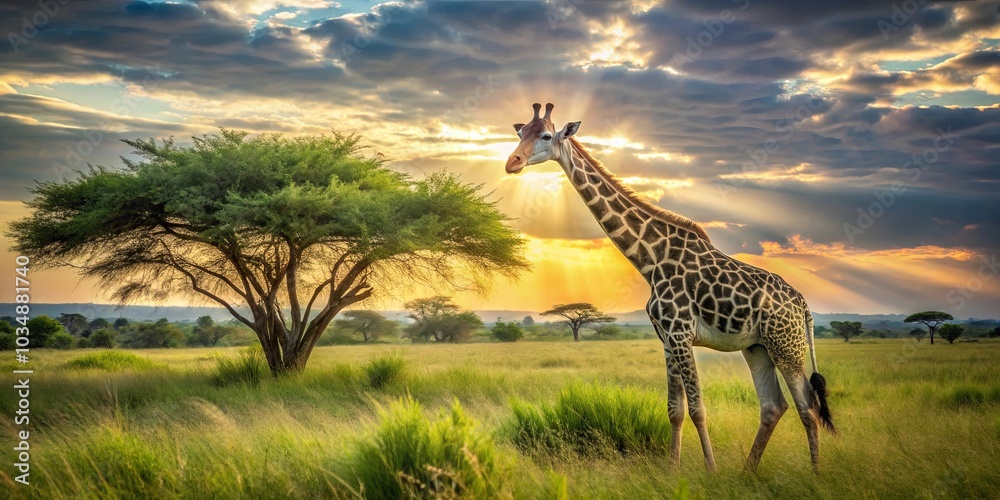 Obraz premium A Lone Giraffe Stands Tall Against the Golden Hues of a Sunset Sky, Casting Long Shadows Across the Savannah Grass