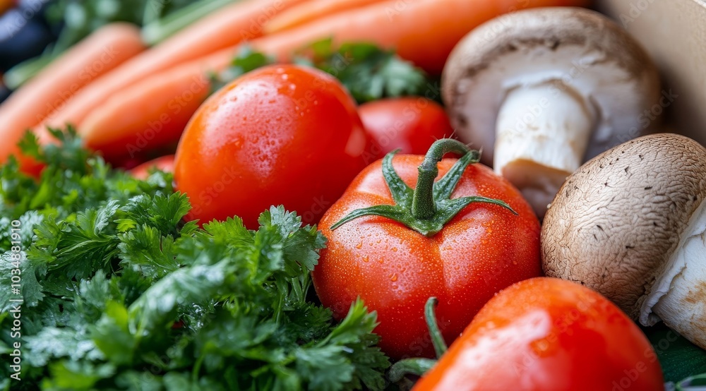 Fresh red tomatoes, carrots, mushrooms and parsley in a wooden crate. Fresh red tomatoes, carrots, mushrooms and parsley in a wooden crate.