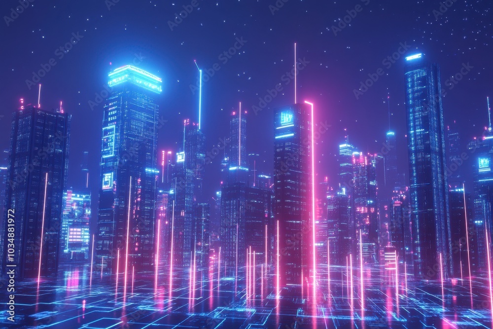 Create a digital landscape where blockchain technology interlinks with futuristic cities, emphasizing decentralized networks, transparent transactions, and data security under a glowing cyber sky