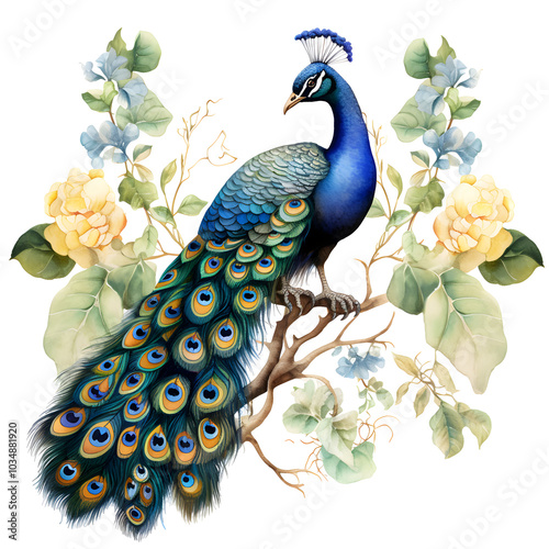 Fototapeta Naklejka Na Ścianę i Meble -  watercolor peacock perched among flowers, isolated