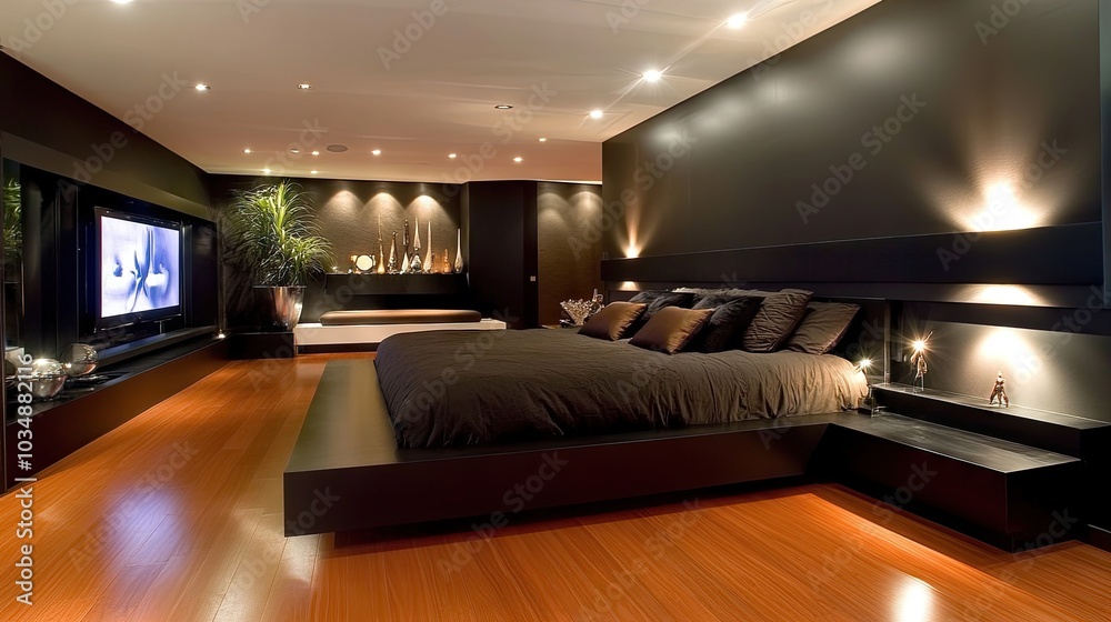 A luxurious bedroom with dark-toned bedding, a modern headboard, and sleek wooden flooring, creating a warm and inviting atmosphere with ambient lighting. A luxurious bedroom with dark-toned bedding, a modern headboard, and sleek wooden flooring, creating a warm and inviting atmosphere with ambient lighting.
