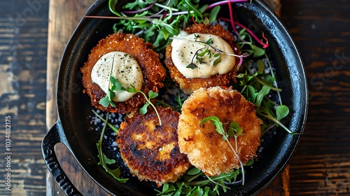 A dish of savory housemade chicken patties with mayonnaise photo