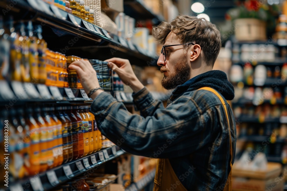 Shelf restocking by a clerk helps maintain order in the store Shelf restocking by a clerk helps maintain order in the store