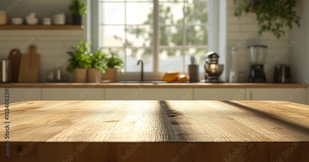 Empty wooden table top in front of a blurred kitchen with a window and plants. Empty wooden table top in front of a blurred kitchen with a window and plants.