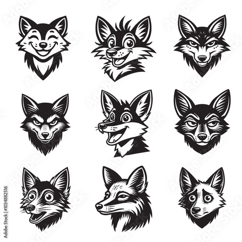 Collection of Jackal Face Outline Design - jackal Vector illustration in black and white
