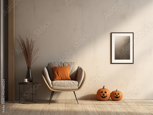 Scandinavian scandi modern minimalist cozy living room interior with fall and halloween decor
 photo